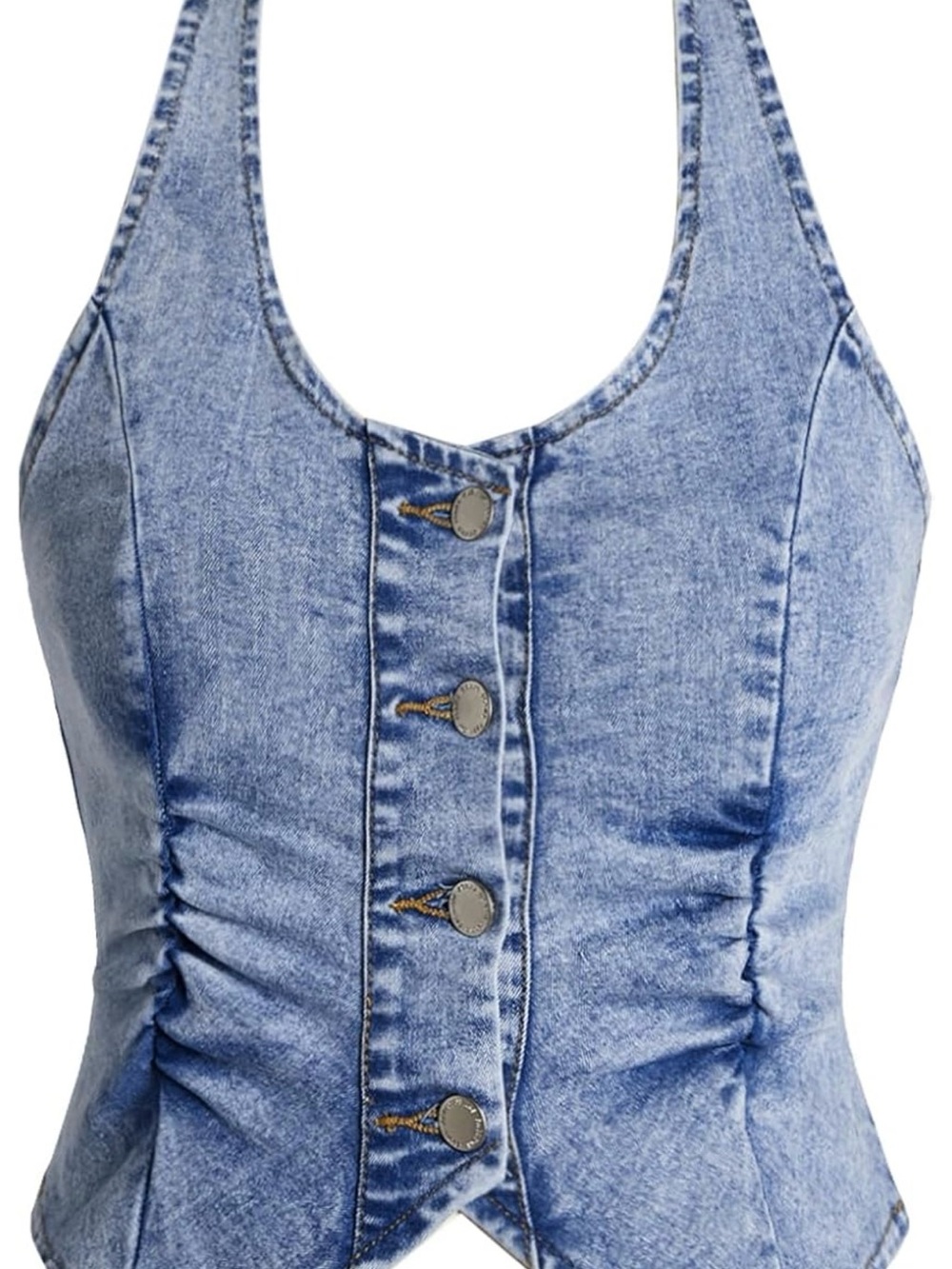 Denim Button-Front Halter Tank Top - Light Blue